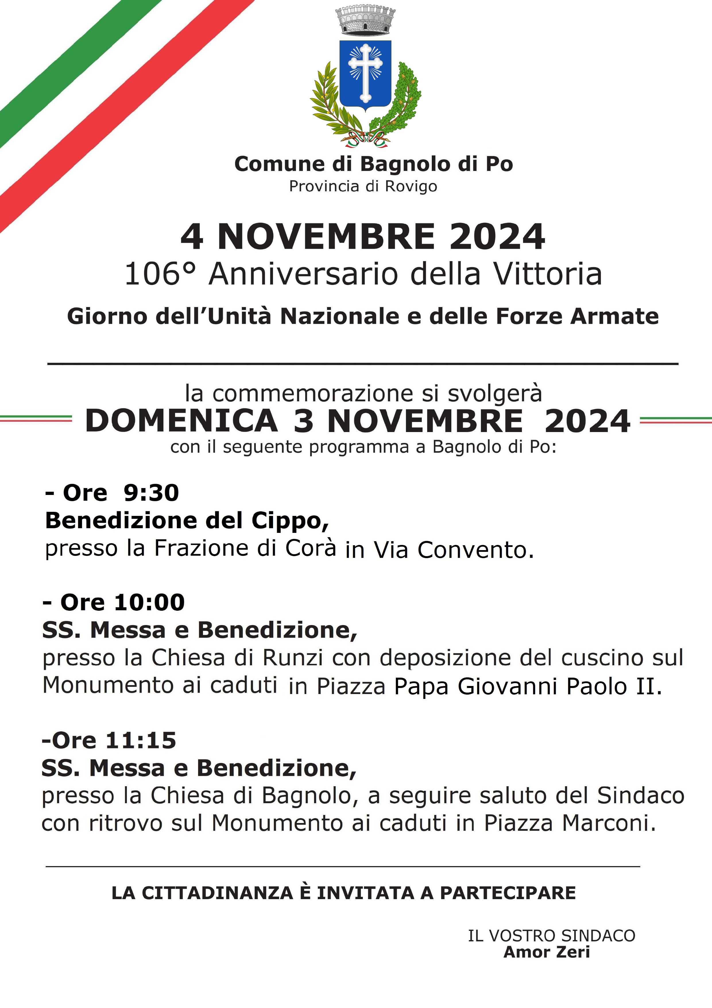 La commemorazione della Giornata dell'Unità Nazionale e delle Forze Armate si svolgerà domenica 3 Novembre 2024 come da programma allegato.